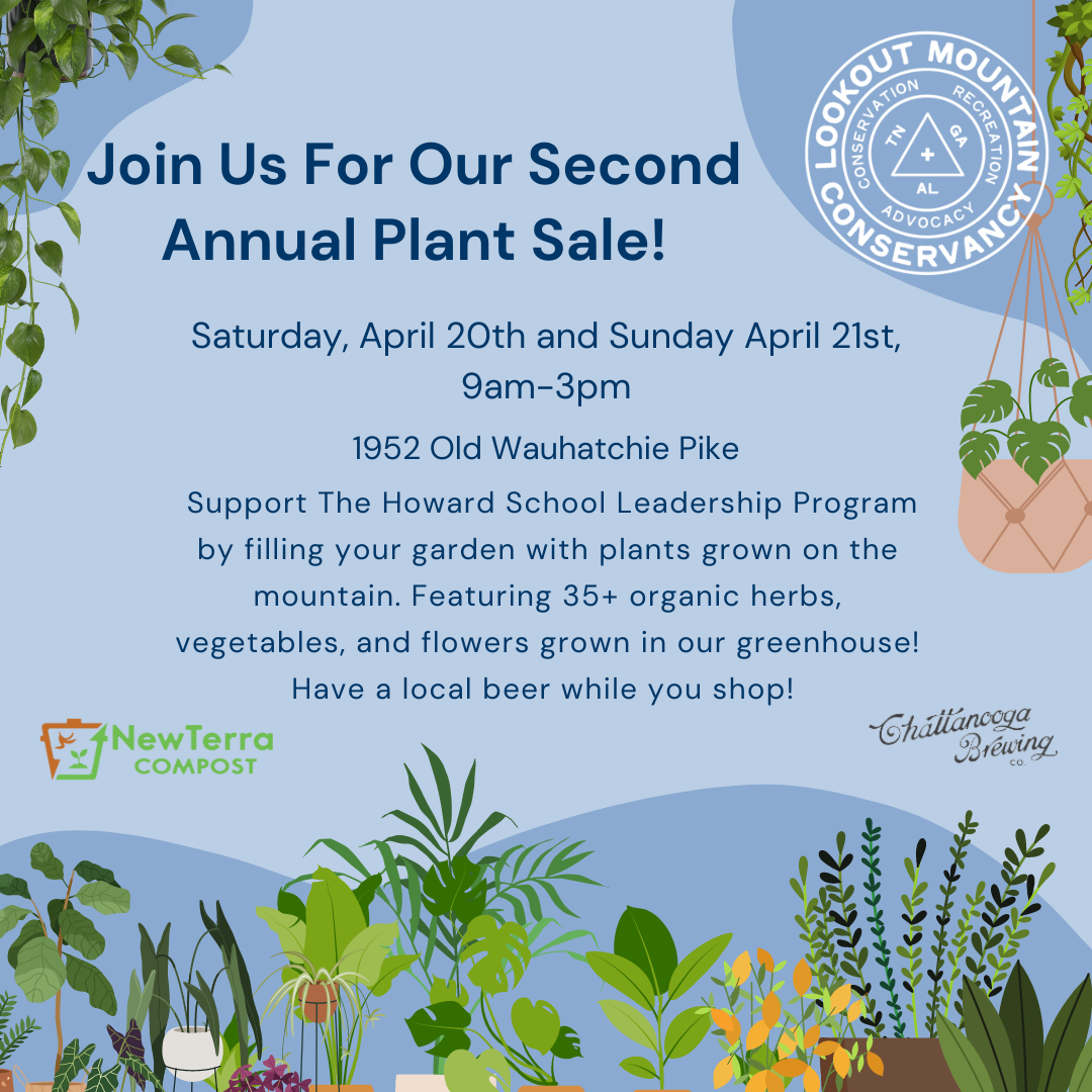 Promotional image promoting LMC's Second Annual Plant Sale featuring graphics from our sponsors NewTerra Compost and Chattanooga Brewing Company