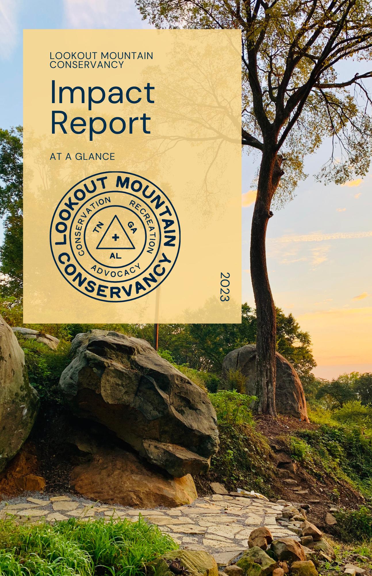 2023 Impact Report header over landscape view of boulders at sunrise.