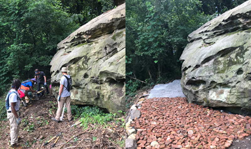 Shows the boulder landing area close to the beginning of clearing it, then shows the boulder when the landing pad is nearing completion