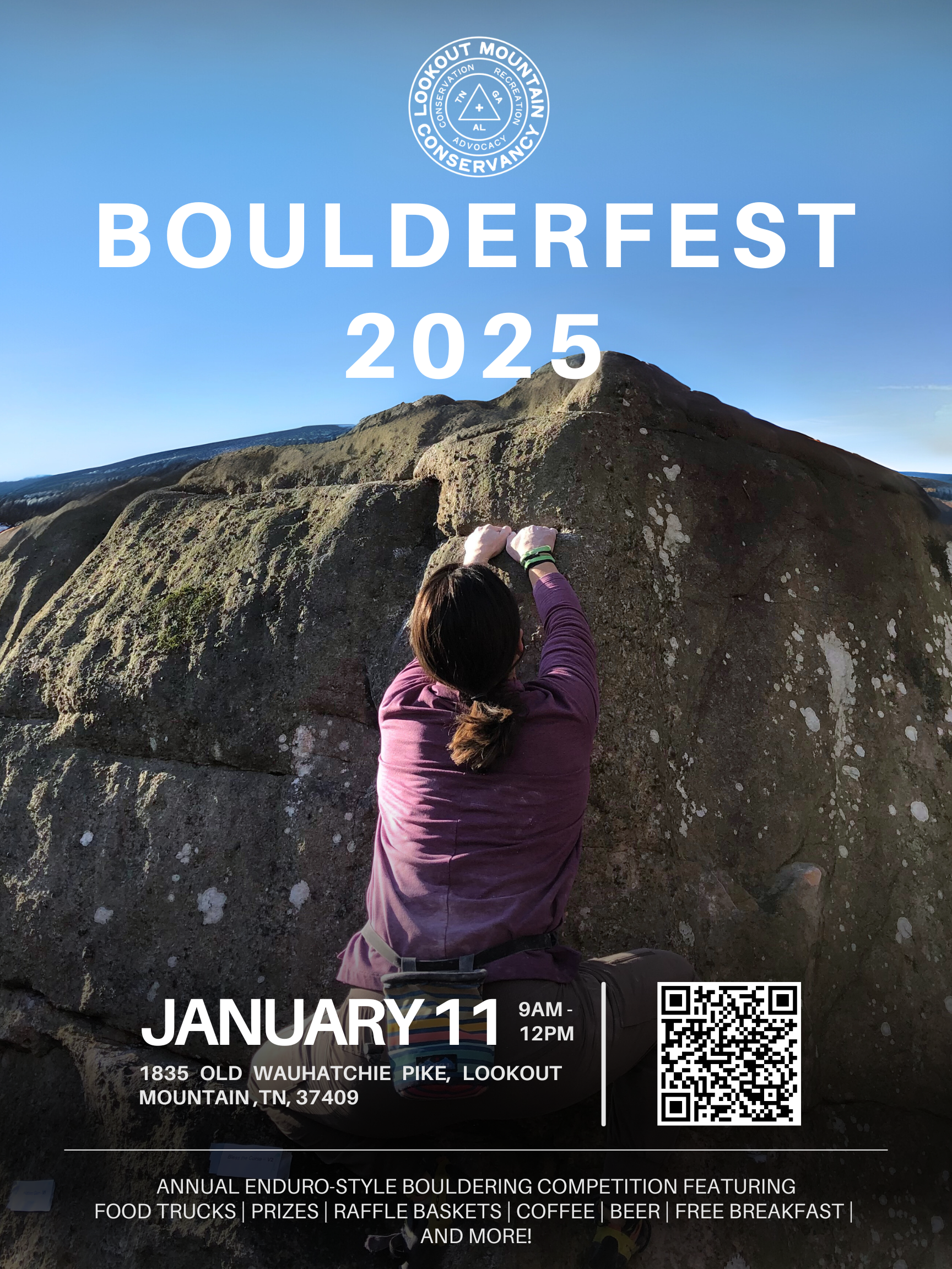 Event poster featuring a dark-haired white woman climbing a boulder.