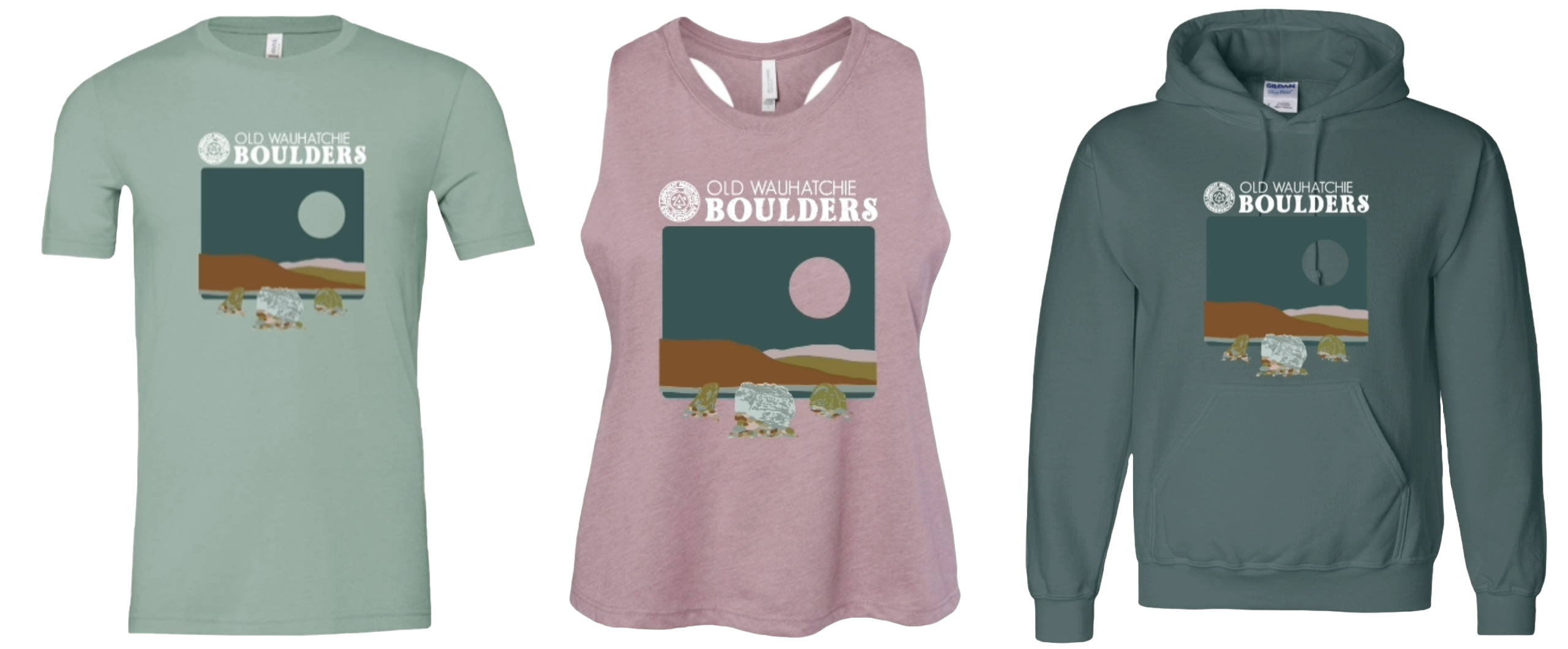 Pictured: new sage green Boulderfest t-shirt, dusty rose racer back tank, and forest green sweatshirt