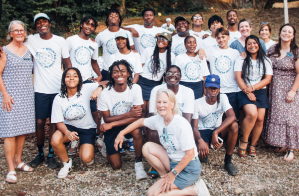 Group photo of the Summer Interns wearing white T-shirts outside at Lookout Mountain Conservancy's 2023 Shrimp Boil
