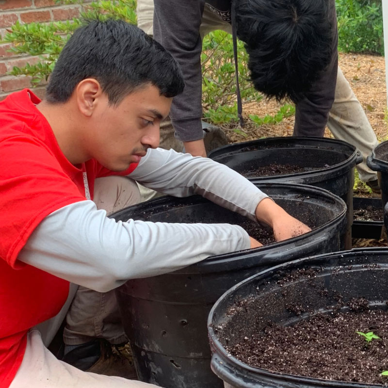 A young man digs in a large pot filled with dirt.