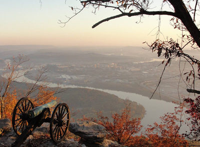 Point Park National Memorial looking over TN river and Chattanooga in the fall