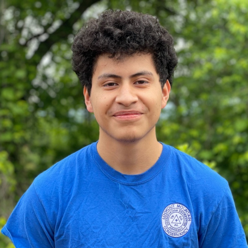 Portrait of a young Latino male with curly black hair in front of a forested background