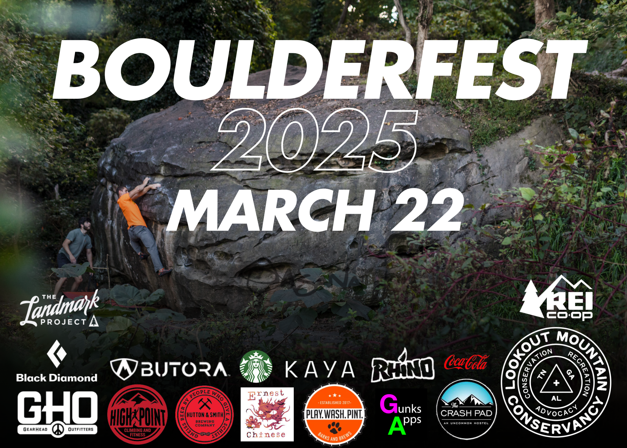 Graphic: Boulderfest-2025-March 22 Overlaid an image of two men bouldering surrounded by forest